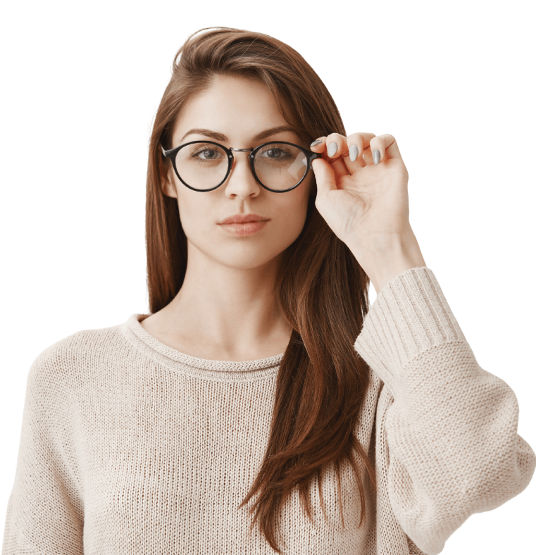 Woman adjusting glasses thoughtfully